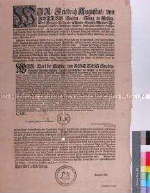 Edikt von Friedrich August I. Kurfürst von Sachsen zur Publikation des Mandats Kaiser Karls VI. über die Abwerbung von Soldaten