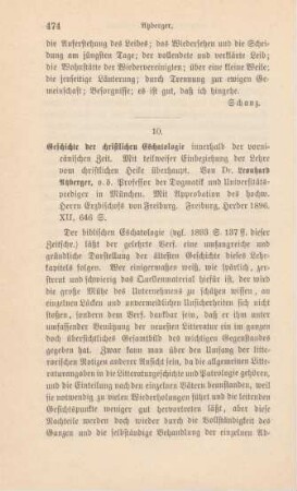 474-477 [Rezension] Atzberger, Leonhard, Geschichte der christlichen Eschatologie innerhalb der vornicänischen Zeit