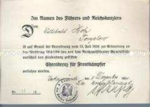 Urkunde zur Verleihung des Ehrenkreuzes für Frontkämpfer 1914/1918