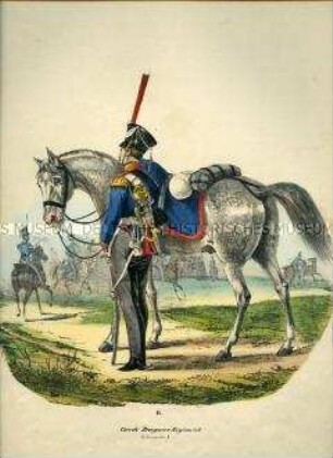 Uniformdarstellung, Trompeter des Garde-Dragoner-Regiments, Preußen 1830. Aus: Elzholz u.a.: Das Preussische Heer. Tafel 11.