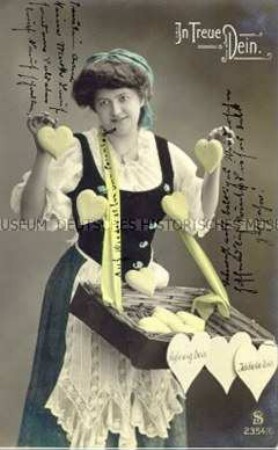 Postkarte mit herzchenverkaufender Frau
