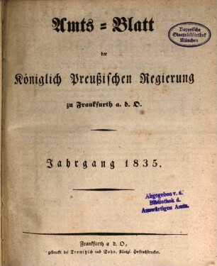 Amtsblatt der Regierung zu Frankfurt a.d. Oder. 1835