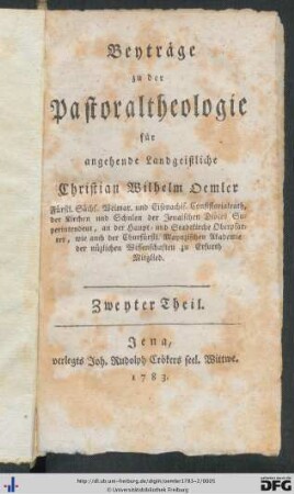Zweyter Theil: Beyträge zu der Pastoraltheologie für angehende Landgeistliche