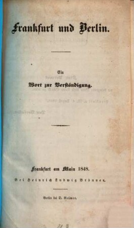 Frankfurt und Berlin : ein Wort zur Verständigung