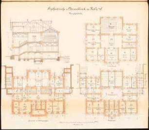 Psychiatrische und Nervenklinik der Martin-Luther-Universität Halle/Saale: Hauptgebäude: Querschnitt, Grundriss KG, 1.OG, EG 1:100