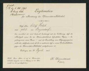 "Legitimation für Benützung der Universitäts-Bibliothek" 1892