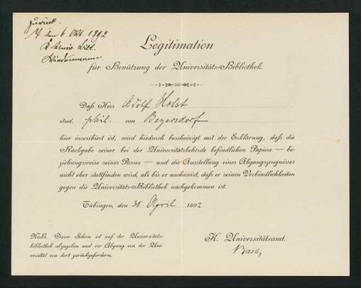 "Legitimation für Benützung der Universitäts-Bibliothek" 1892