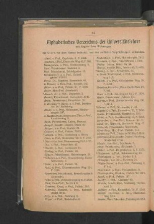 Alphabetisches Verzeichnis der Universitätslehrer mit Angabe ihrer Wohnungen.