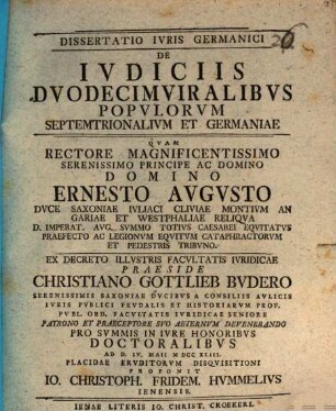 Diss. iuris Germ. de iudiciis duodecimviralibus populorum septemtrionalium et Germaniae