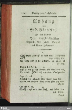 Anhang zum Lust-Gärtlein, In sich haltend Den Nachdenklichsten Spruch aus jedem Capitel des Neuen Testaments