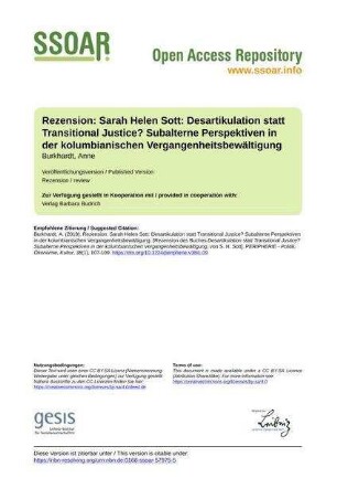 Rezension: Sarah Helen Sott: Desartikulation statt Transitional Justice? Subalterne Perspektiven in der kolumbianischen Vergangenheitsbewältigung