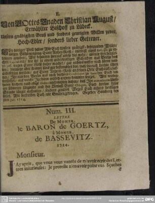 Num. III. Lettre De Monsr. le Baron de Goertz, à Monsr. de Bassevitz. 1714