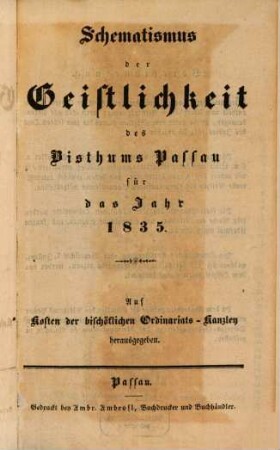 Schematismus des Bistums Passau. 1835, 1835