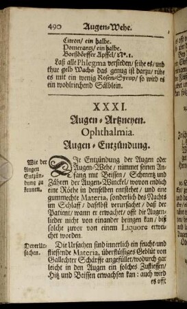 XXXI. Augen-Artzneyen. Ophthalmia. Augen-Entzuendung - XL. Bubones Venerei. Venus-Beulen / Schlieren