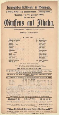 Theaterzettel zur Erstaufführung der Dramatischen Dichtung "Odysseus auf Ithaka. von Friedrich Lienhard" in der Spielzeit 1914/15 des Herzoglichen Hoftheaters in Meiningen.