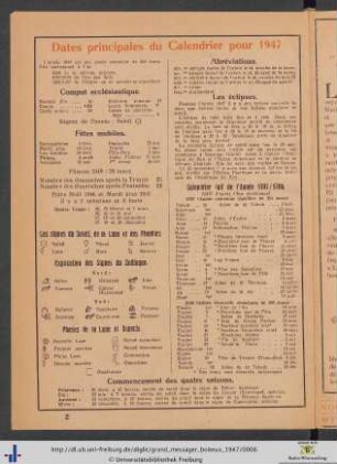 Dates principales du Calendrier pour 1947.