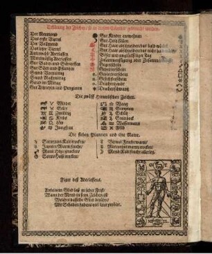 "Erklärung der Zeichen/ so in diesem Calender gebraucht werden" sowie weitere Hinweise zum Inhalt des Kalenders