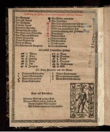 "Erklärung der Zeichen/ so in diesem Calender gebraucht werden" sowie weitere Hinweise zum Inhalt des Kalenders
