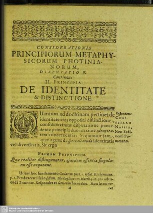 Disputatio V. Continens II. Principia De Identitate & Distinctione; Respondente Christiano Nassio, Neo-Sedinensi Pomerano