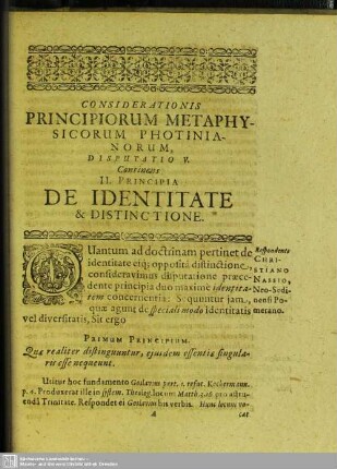 Disputatio V. Continens II. Principia De Identitate & Distinctione; Respondente Christiano Nassio, Neo-Sedinensi Pomerano