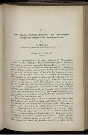 XII. Beziehungen zwischen Meridian- und Contourcurve orthogonal dargestellter Rotationsflächen.