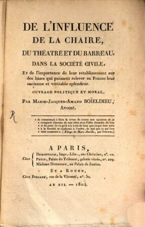 De l'Influence de la Chaire ... dans la Société civile