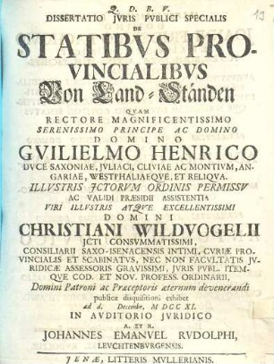 Dissertatio iuris publici specialis de statibus provincialibus : = Von Land-Ständen