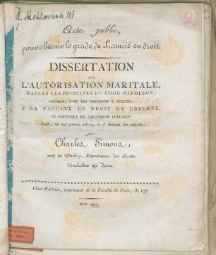 L' autorisation maritale d'après les principes du Code Napoléon