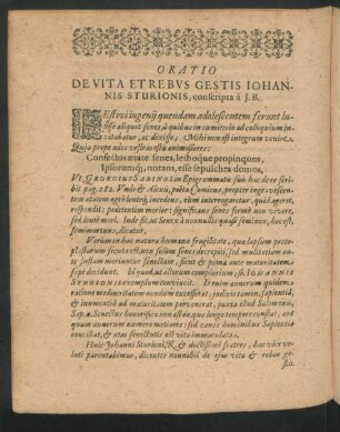 Oratio De Vita Et Rebus Gestis Iohannis Sturionis ...