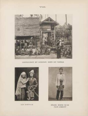 VIII. Hareubabm-orkest met dansjongen; rechts een vechtram. Een echtpaar. Dokarim, dichter van de "Prang Kompeuni"