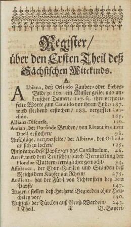 Register / über den Ersten Theil deß Sächsischen Witekinds.