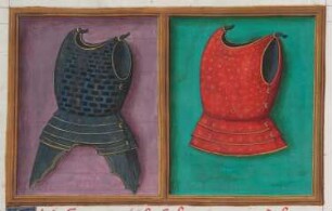 Regnier d'Anjou sur les tournois (Turnierbuch Königs René I. d’Anjou). Bruststücke einer Rüstung : Bruststücke einer Rüstung. Miniatur auf Blatt 11r aus: Regnier d'Anjou sur les tournois. Flandern oder Hennegau, Anfang 16. Jahrhundert. Buchmalerei auf Pergament, koloriert und vergoldet; 9,7 x 15,3 cm. Dresden: SLUB Mscr.Dresd.Oc.58