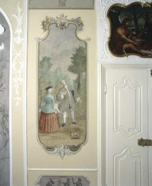 Rokokoszene. Gespräch zwischen einer Dame und einem Herrn der höheren Gesellschaft in einer höfischen Parklandschaft.