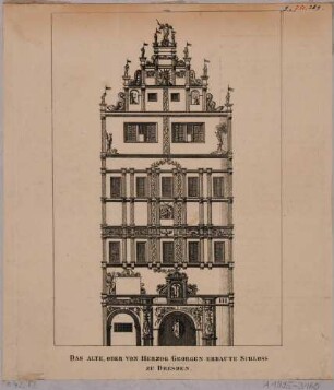 Die Südseite des Georgentores am Residenzschloss in Dresden, Ansicht aus dem 17. Jahrhundert, Abbildung aus: Grimmersche Buchhandlung, Dresdens alten und neuen Prachtgebäuden