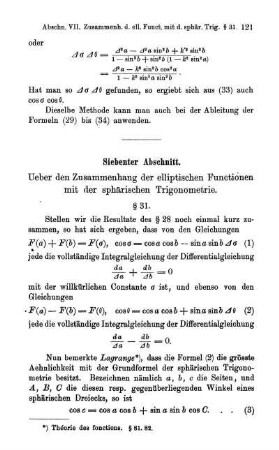 Abschnitt VII - IX. Ueber den Zusammenhang der elliptischen Functionen mit der sphärischen Trigonometrie. Das Additionstheorem. Das Abel'sche Theorem.