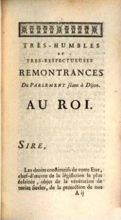 Tres-Humbles Et Très-Respectueuses Remontrances Du Parlement séant à Dijon