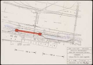 Südschleuse, Mainz-Kostheim Schinkelwettbewerb 1987: Lageplan Variante 1: Schleuse 190 x 12m, obere Liegestelle 1:2000