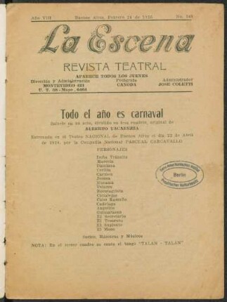 Todo el año es carnaval : sainete en un acto, dividido en tres cuadros