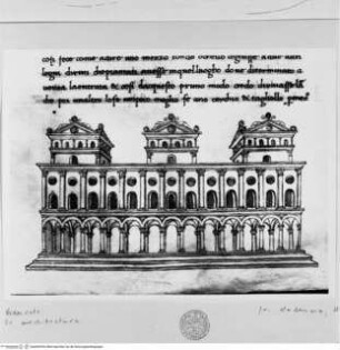 Trattato di Architettura - Codex Valencianus, Buchseite mit der Fassade der Casa Regia (8. Buch)