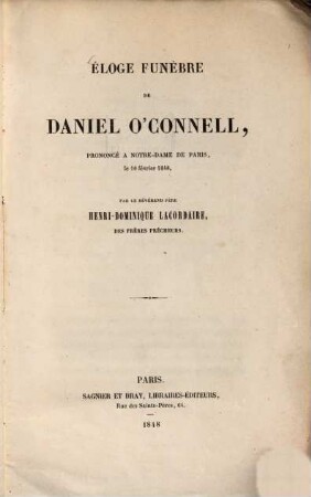 Éloge funèbre de Daniel O'Connell, prononcé à Notre-Dame de Paris, le 10 février 1848