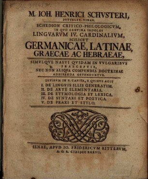 Schedion crit. phil. in quo genuina indoles linguar. IV. card. sc. germ. ... simulque naevi ... ostenduntur