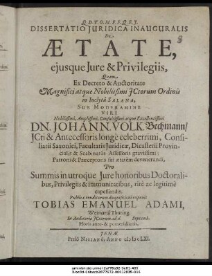 Dissertatio Iuridica Inauguralis De Aetate, eiusque Iure & Privilegiis