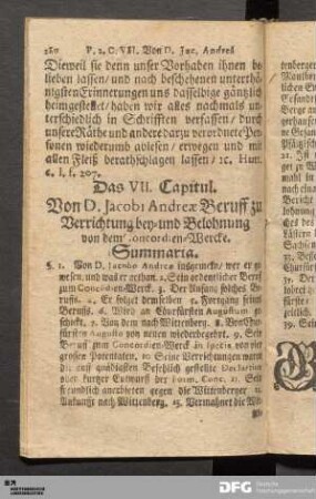 Das VII. Capitul. Von D. Jacobi Andreæ Beruff zu Verrichtung bey- und Belohnung von dem Concordien-Wercke.