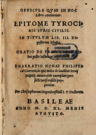 Opuscula, quae in hoc libro continentur, Epitome Tyrocinii iuris civilis