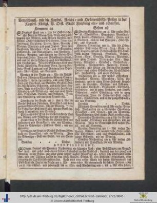 Verzeichnuß, wie die Kayerl. Reichs- und Oesterreichische Posten in der Kayerl. Königl. V. Oest. Stadt Freyburg ein- und ablauffen.