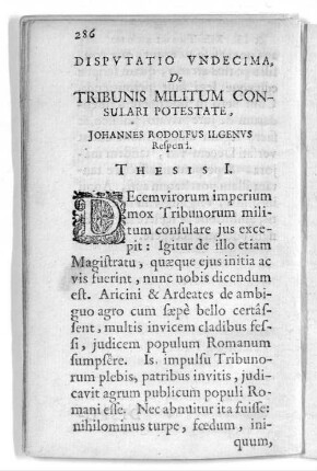 Dispvtatio Vndecima, De Tribunis Militum Consulari Potestate, Johannes ...