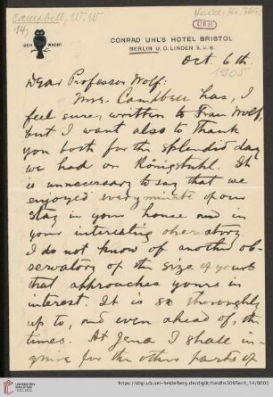 Briefe von William Wallace Campbell an Max Wolf: Brief von William Wallace Campbell an Max Wolf