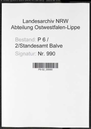 Sterberegister Standesamt Balve