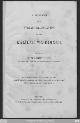 A specimen of a Syriac translation of the Kalilah Wa Dimnah