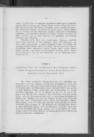 Anlage 6. Reglement über die Verhältnisse der frembden christlichen Religions-Verwandten in der freien Hansestadt Hamburg vom 20. September 1814.